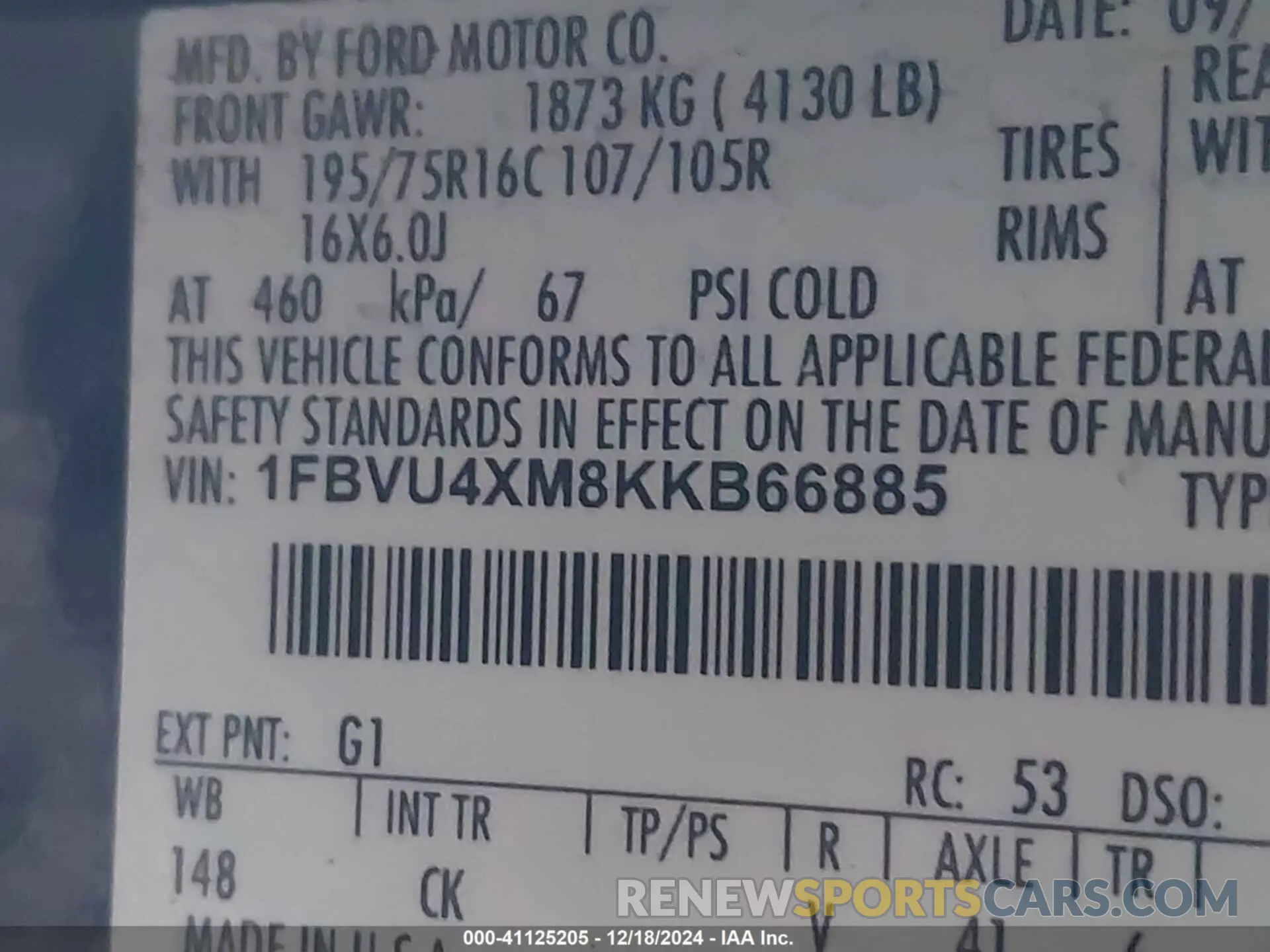 8 Photograph of a damaged car 1FBVU4XM8KKB66885 FORD TRANSIT-350 2019