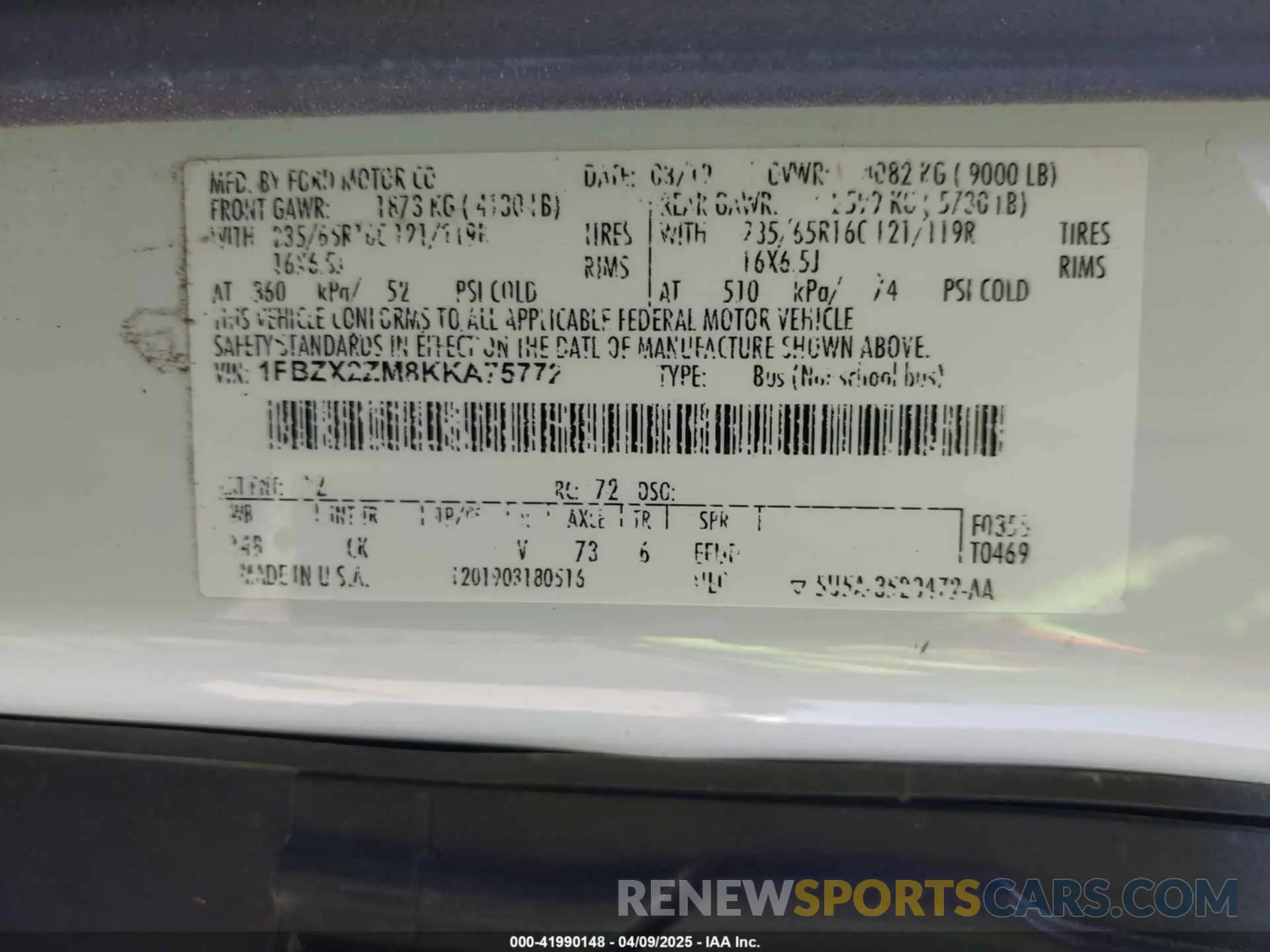 9 Photograph of a damaged car 1FBZX2ZM8KKA75772 FORD TRANSIT-350 2019