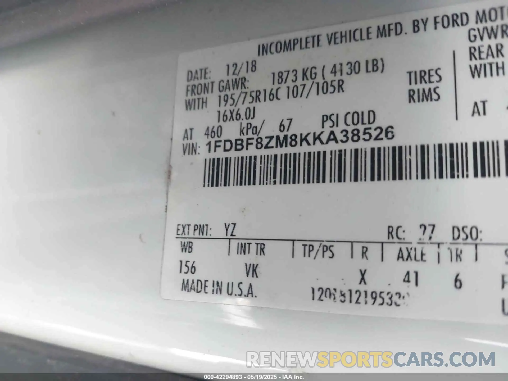 9 Photograph of a damaged car 1FDBF8ZM8KKA38526 FORD TRANSIT-350 CAB 2019