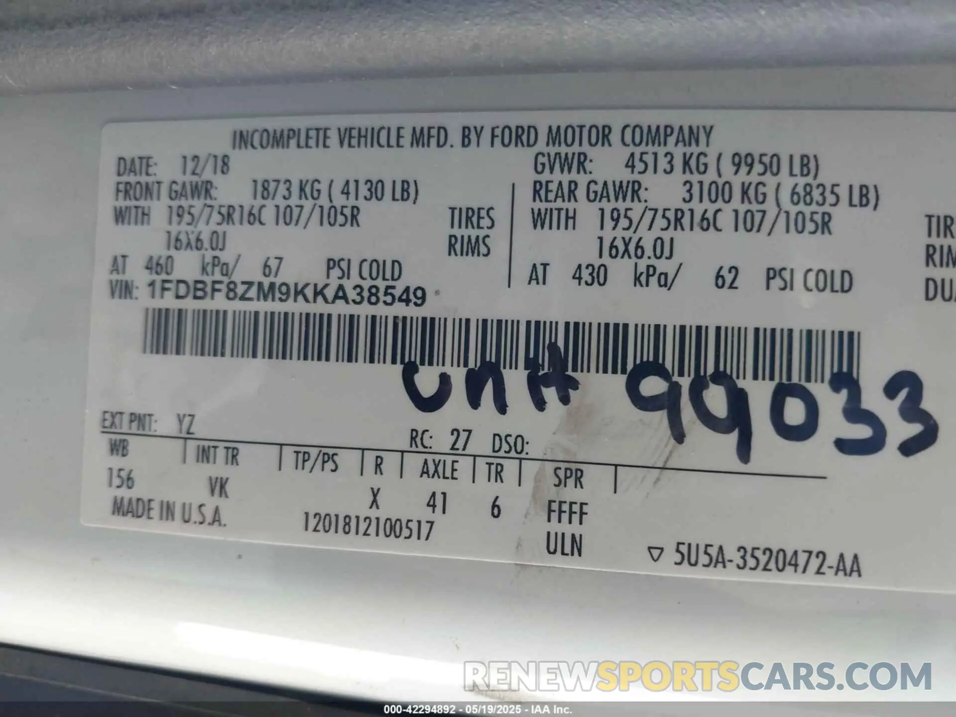 9 Photograph of a damaged car 1FDBF8ZM9KKA38549 FORD TRANSIT-350 CAB 2019