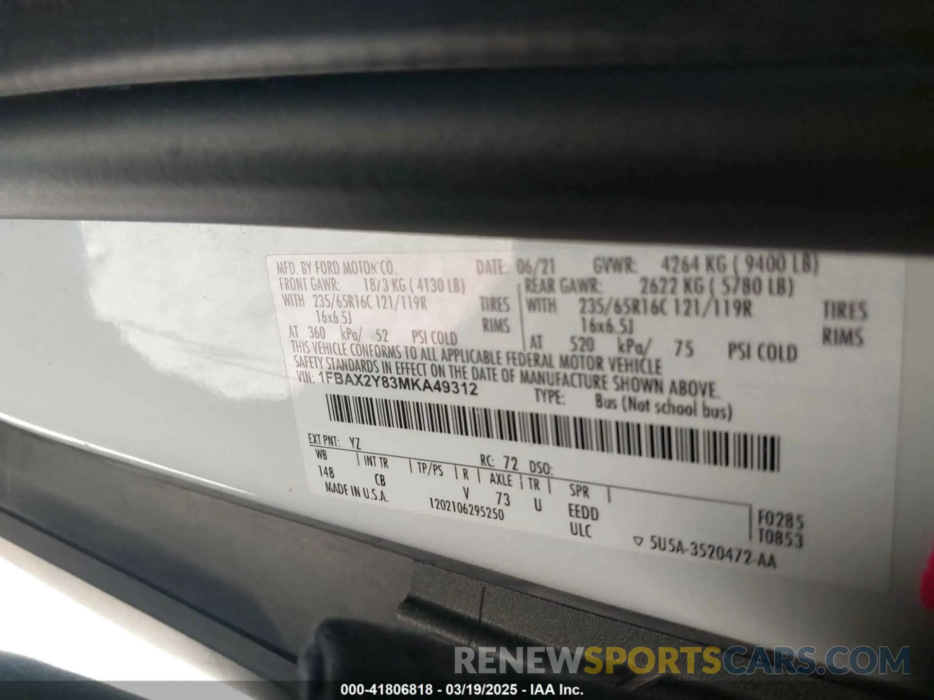 9 Photograph of a damaged car 1FBAX2Y83MKA49312 FORD TRANSIT-350 PASSENGER VAN 2021