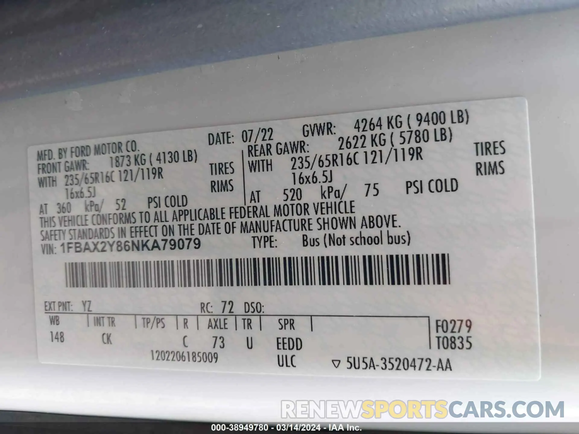 9 Photograph of a damaged car 1FBAX2Y86NKA79079 FORD TRANSIT-350 PASSENGER VAN 2022