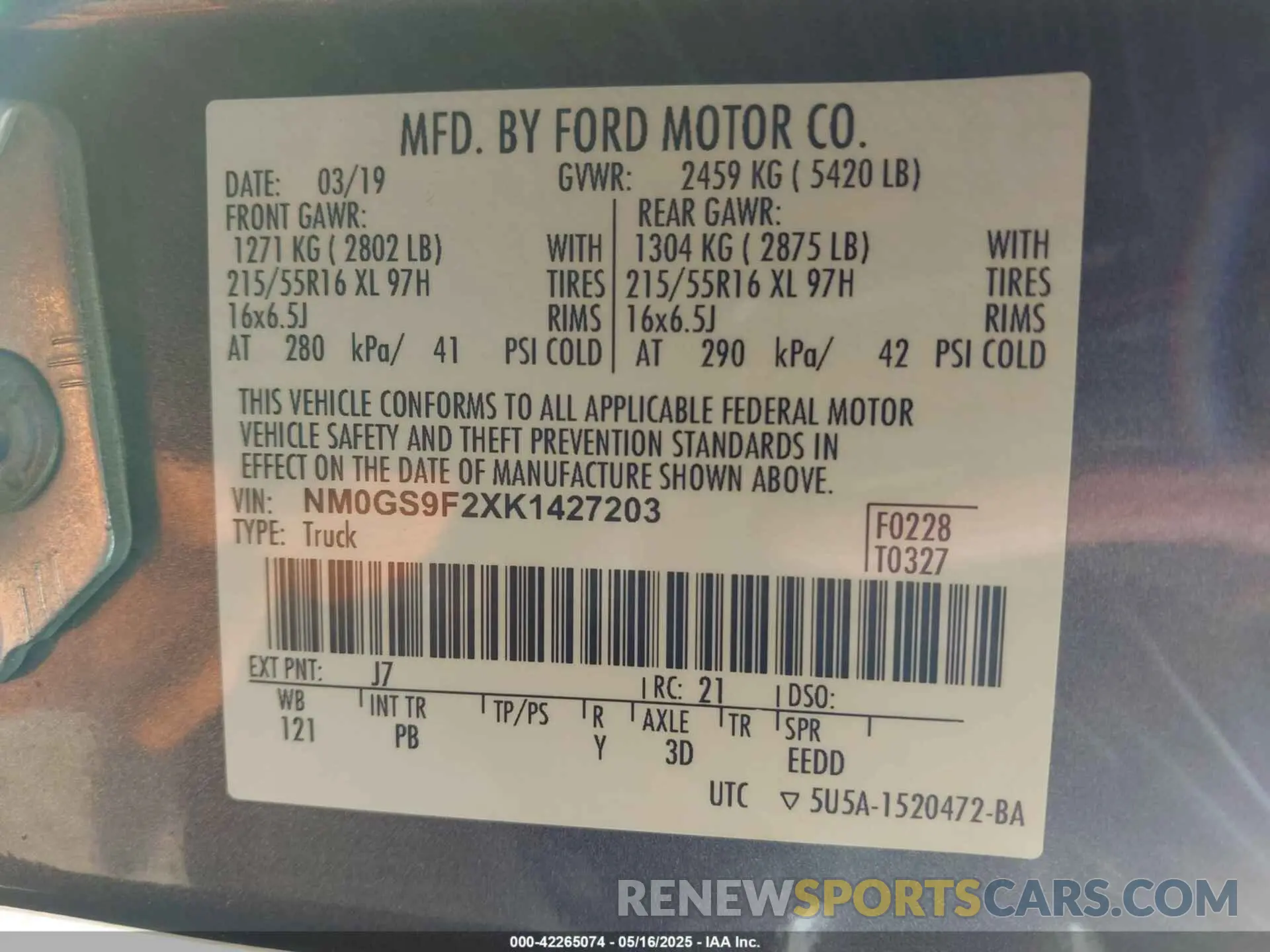 9 Photograph of a damaged car NM0GS9F2XK1427203 FORD TRANSIT CONNECT 2019