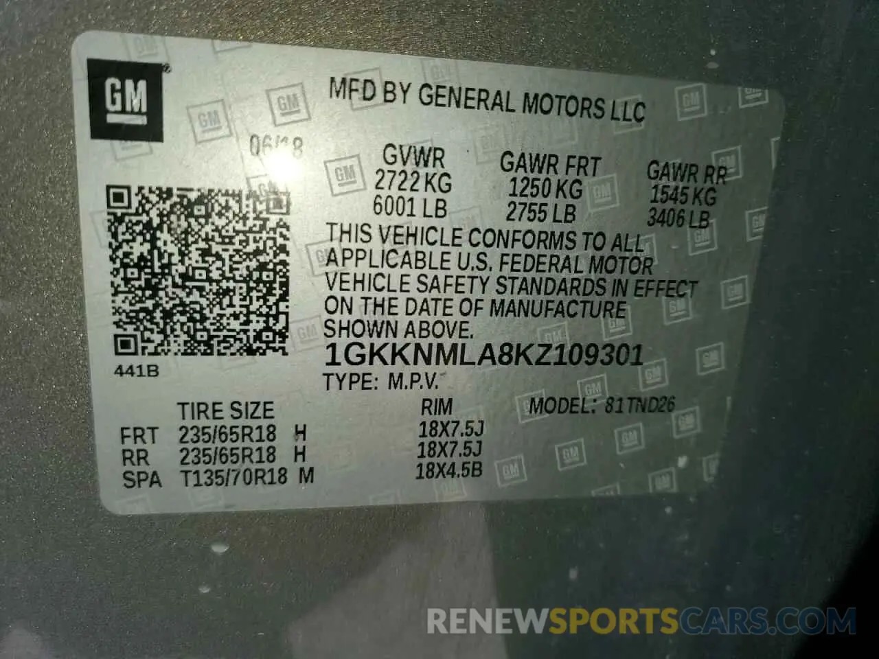 13 Photograph of a damaged car 1GKKNMLA8KZ109301 GMC ACADIA 2019