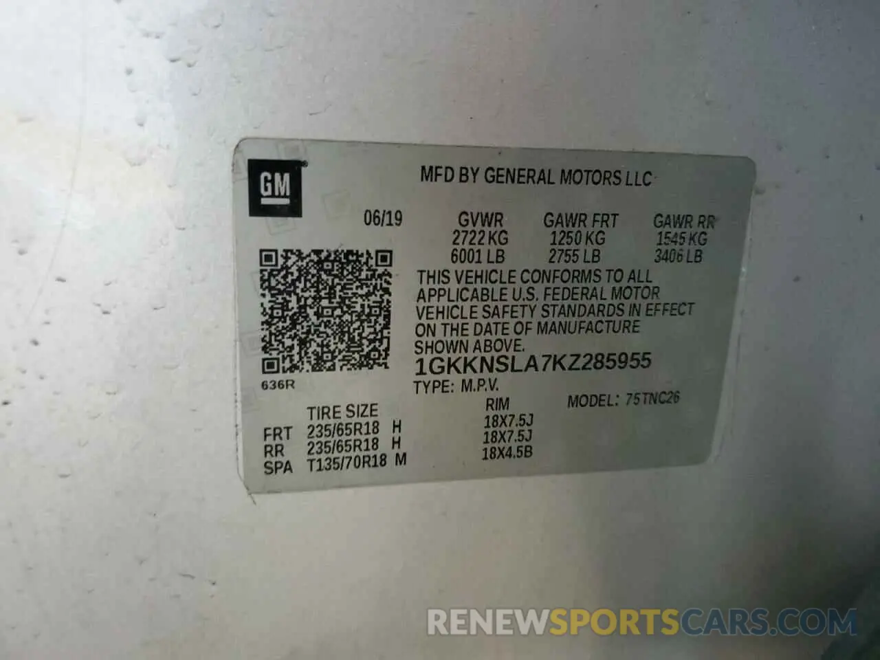 13 Photograph of a damaged car 1GKKNSLA7KZ285955 GMC ACADIA 2019