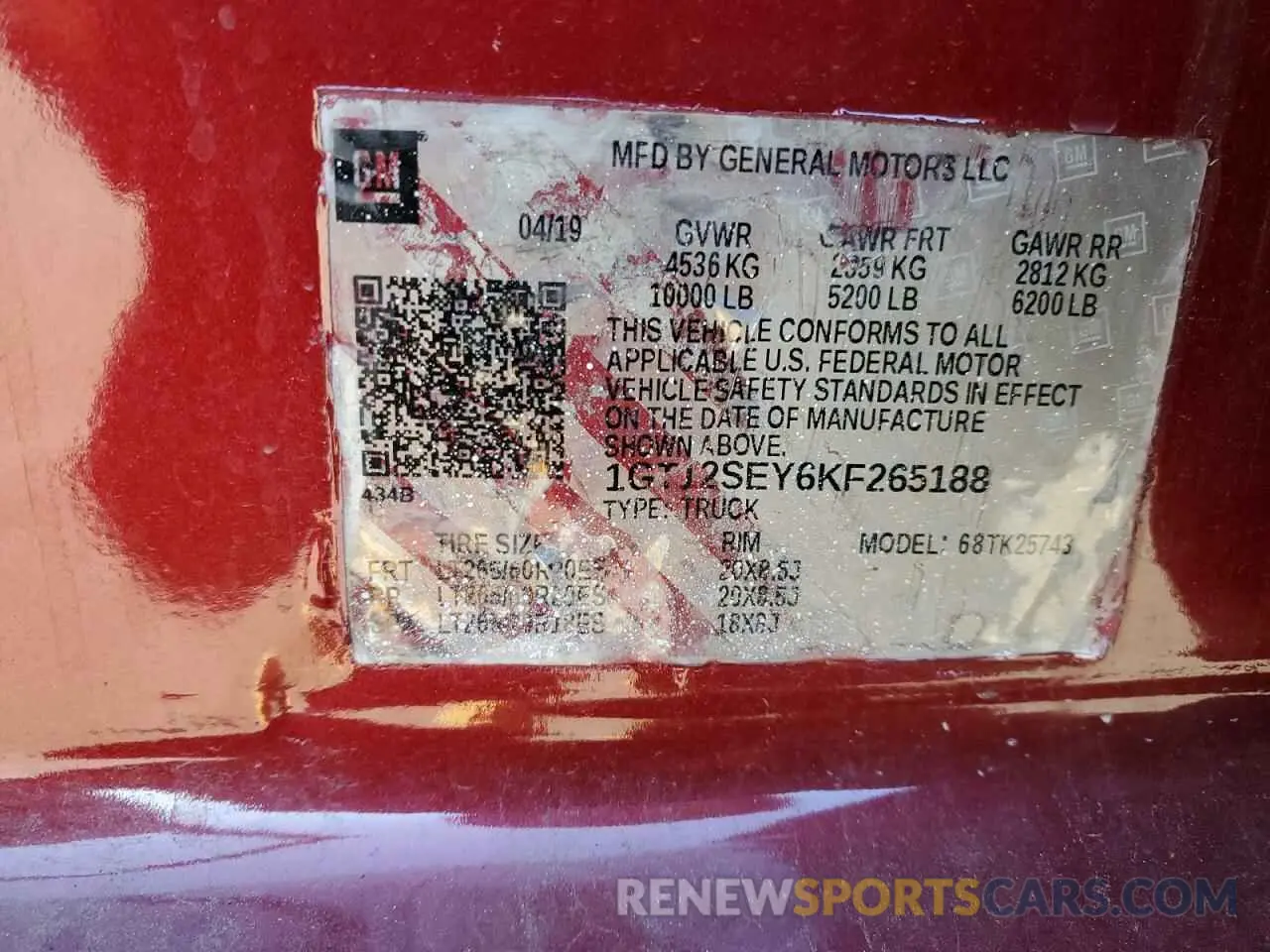 12 Photograph of a damaged car 1GT12SEY6KF265188 GMC SIERRA 2019