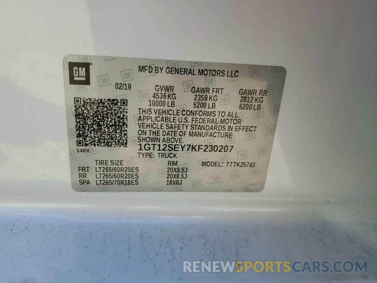 12 Photograph of a damaged car 1GT12SEY7KF230207 GMC SIERRA 2019