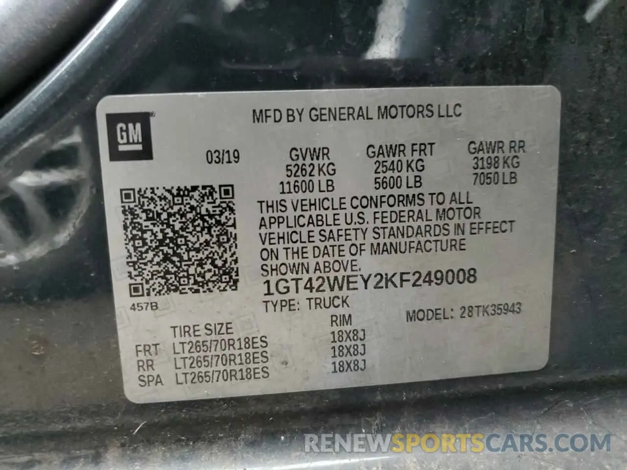 13 Photograph of a damaged car 1GT42WEY2KF249008 GMC SIERRA 2019