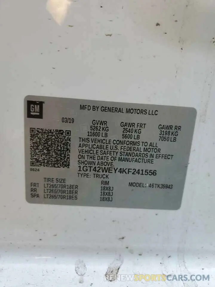 12 Photograph of a damaged car 1GT42WEY4KF241556 GMC SIERRA 2019