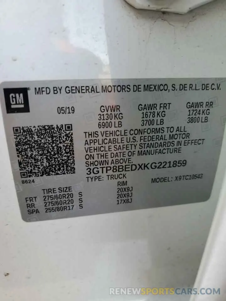 12 Photograph of a damaged car 3GTP8BEDXKG221859 GMC SIERRA 2019