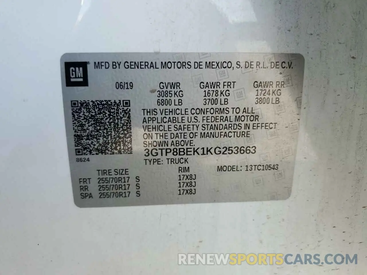 13 Photograph of a damaged car 3GTP8BEK1KG253663 GMC SIERRA 2019