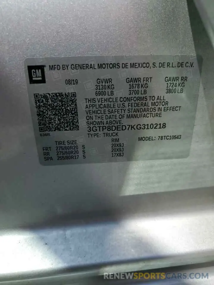 12 Photograph of a damaged car 3GTP8DED7KG310218 GMC SIERRA 2019