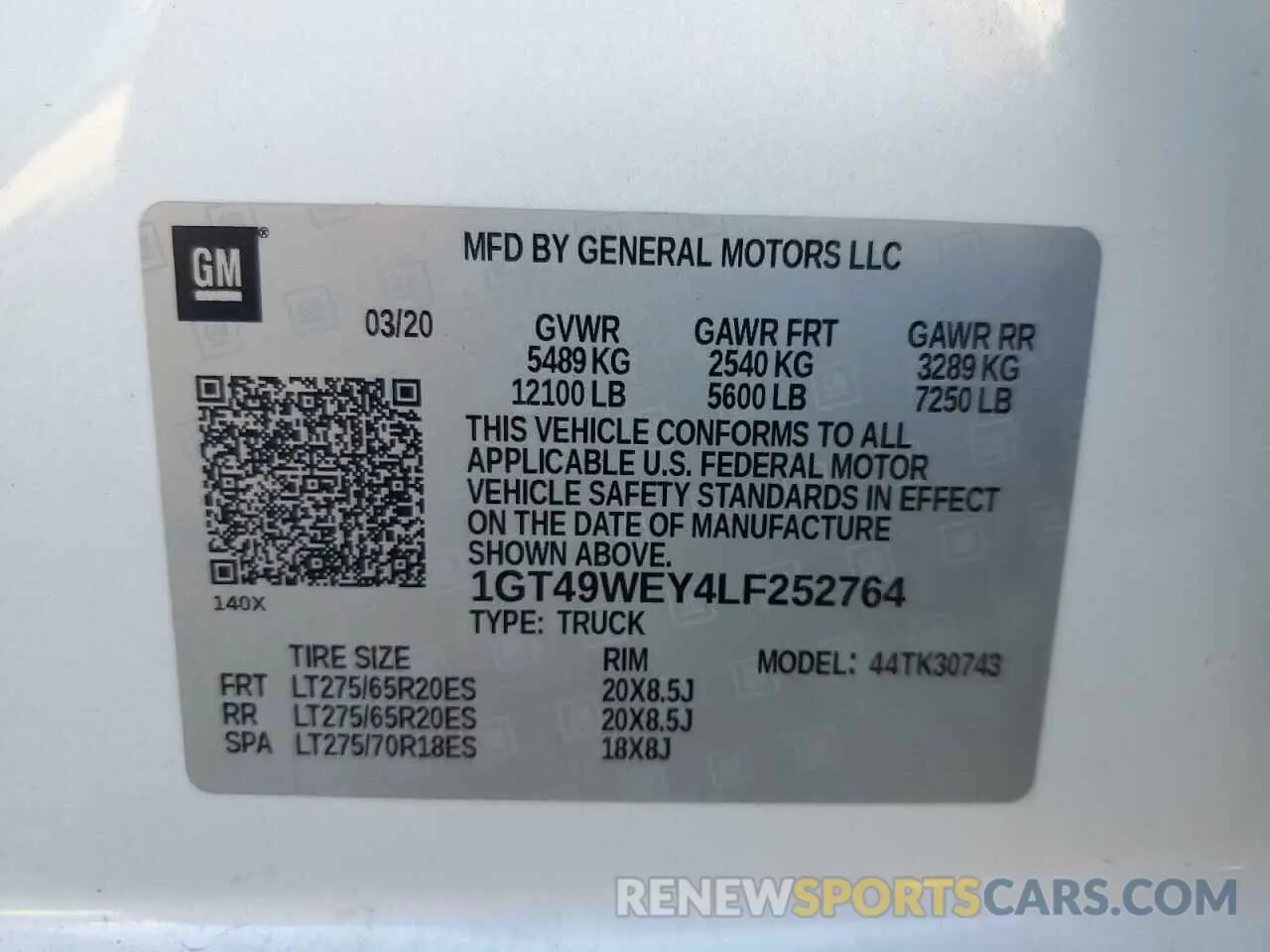 12 Photograph of a damaged car 1GT49WEY4LF252764 GMC SIERRA 2020