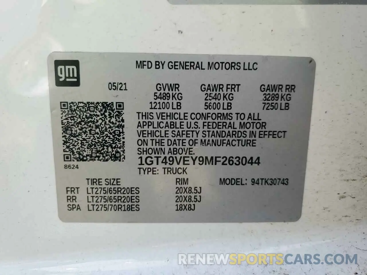 12 Photograph of a damaged car 1GT49VEY9MF263044 GMC SIERRA 2021