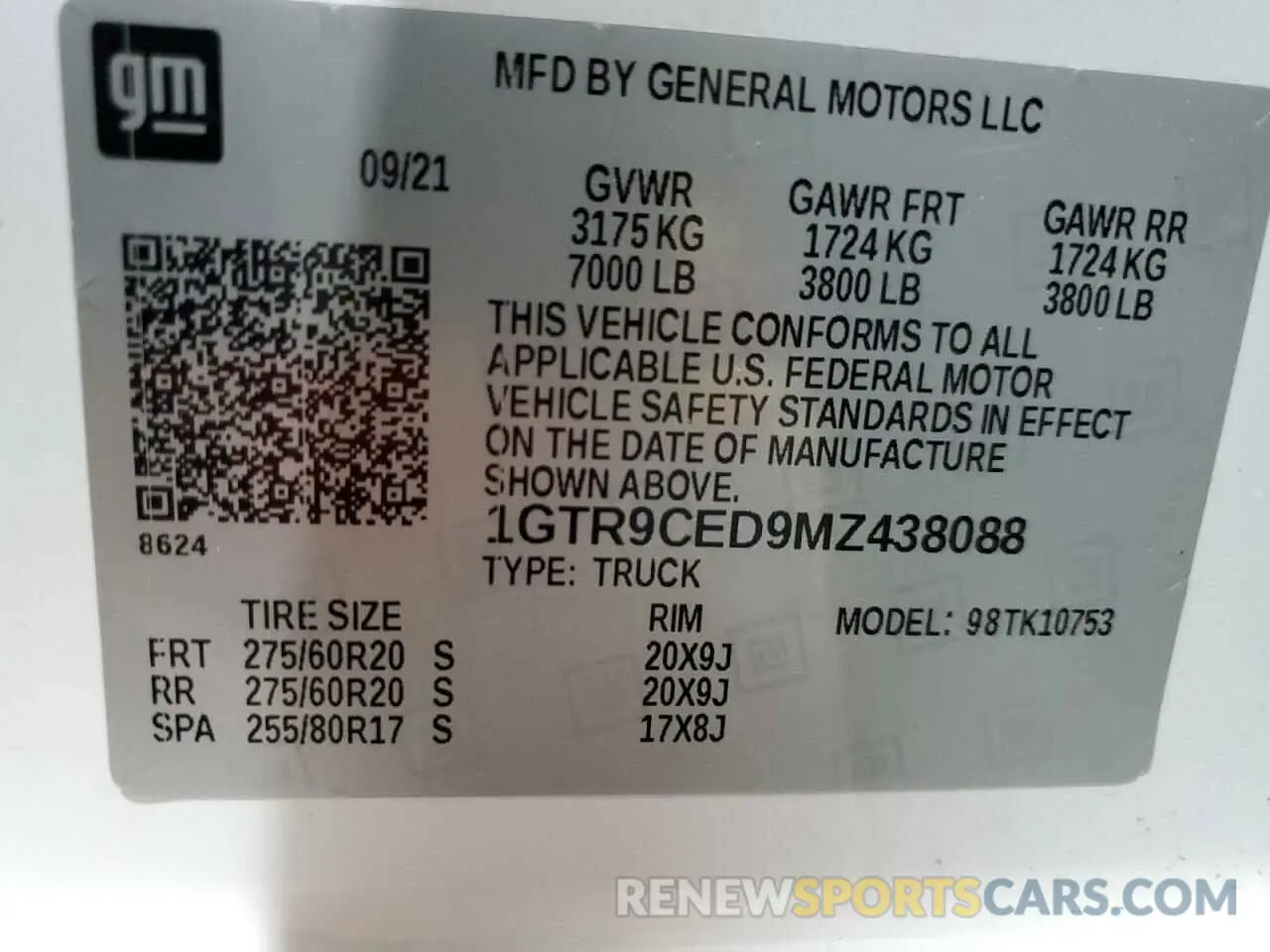14 Photograph of a damaged car 1GTR9CED9MZ438088 GMC SIERRA 2021