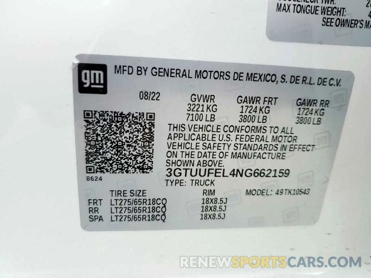 13 Photograph of a damaged car 3GTUUFEL4NG662159 GMC SIERRA 2022