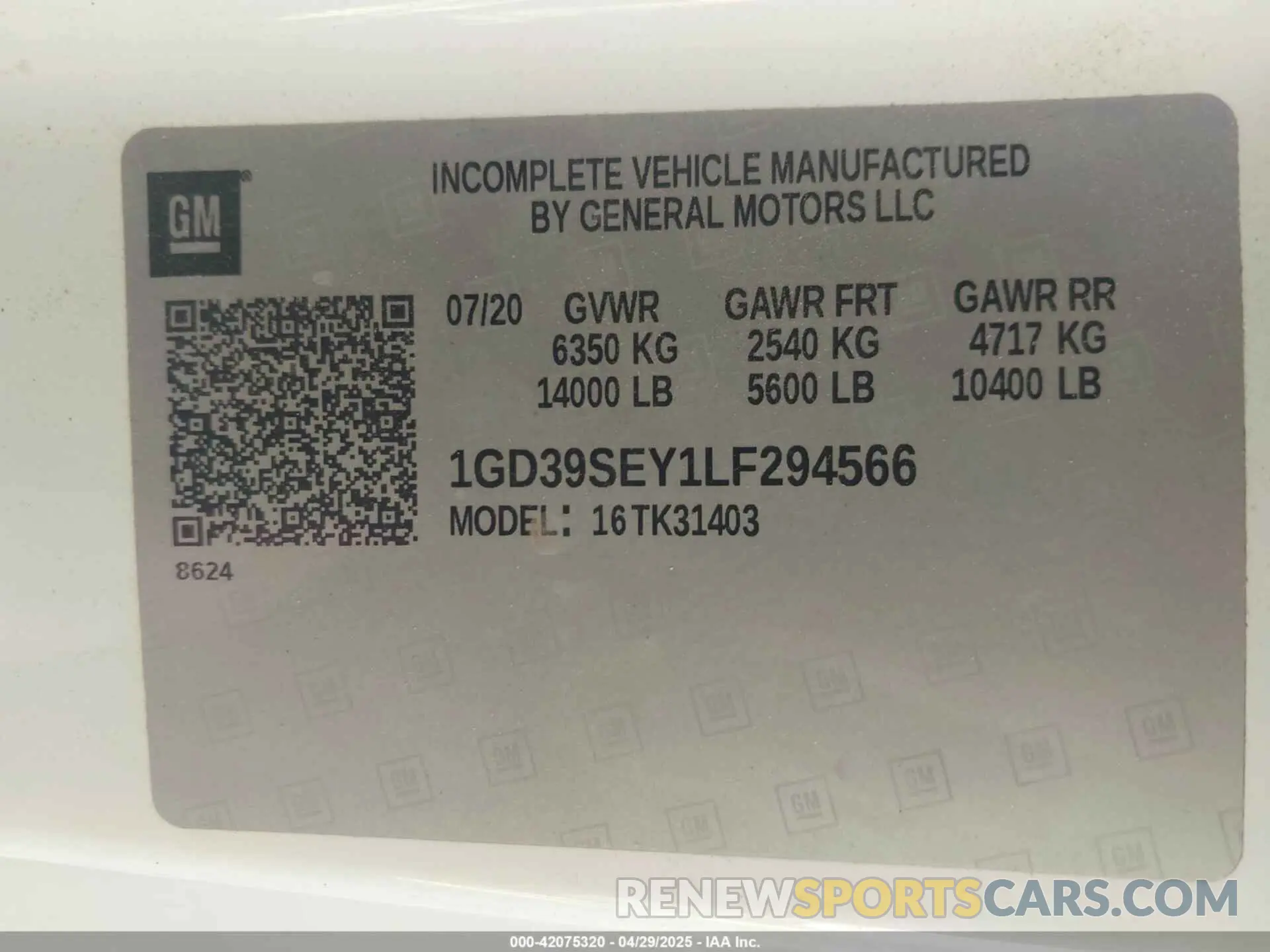 8 Photograph of a damaged car 1GD39SEY1LF294566 GMC SIERRA 3500HD CHASSIS 2020