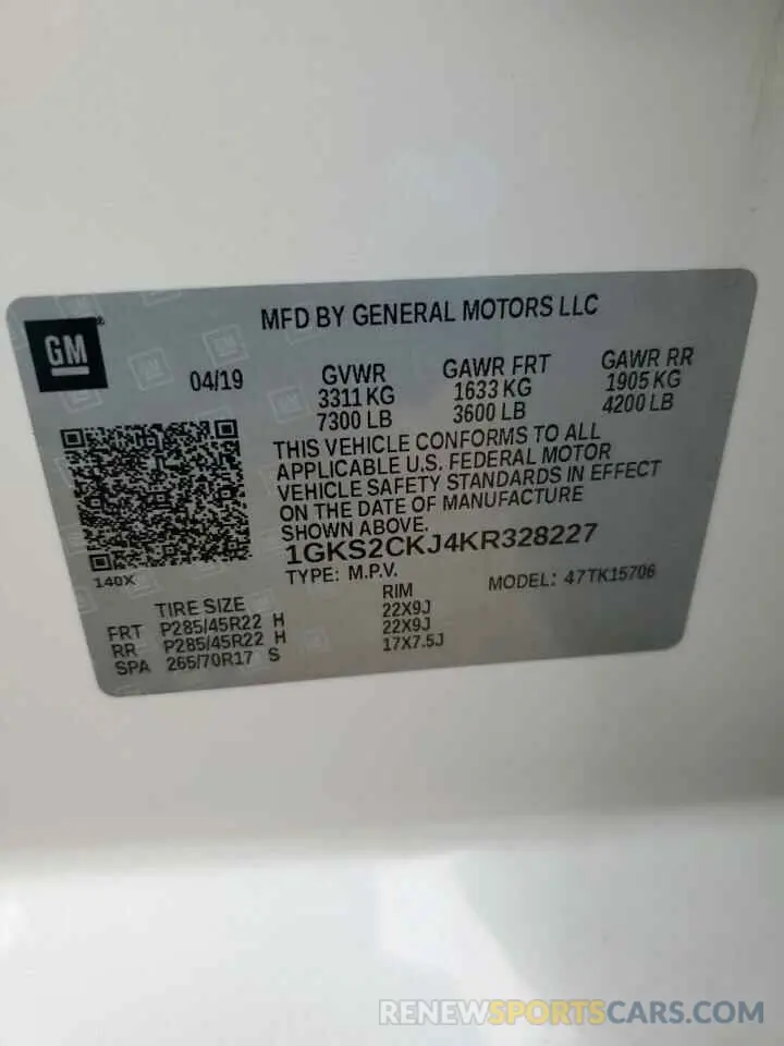 13 Photograph of a damaged car 1GKS2CKJ4KR328227 GMC YUKON 2019