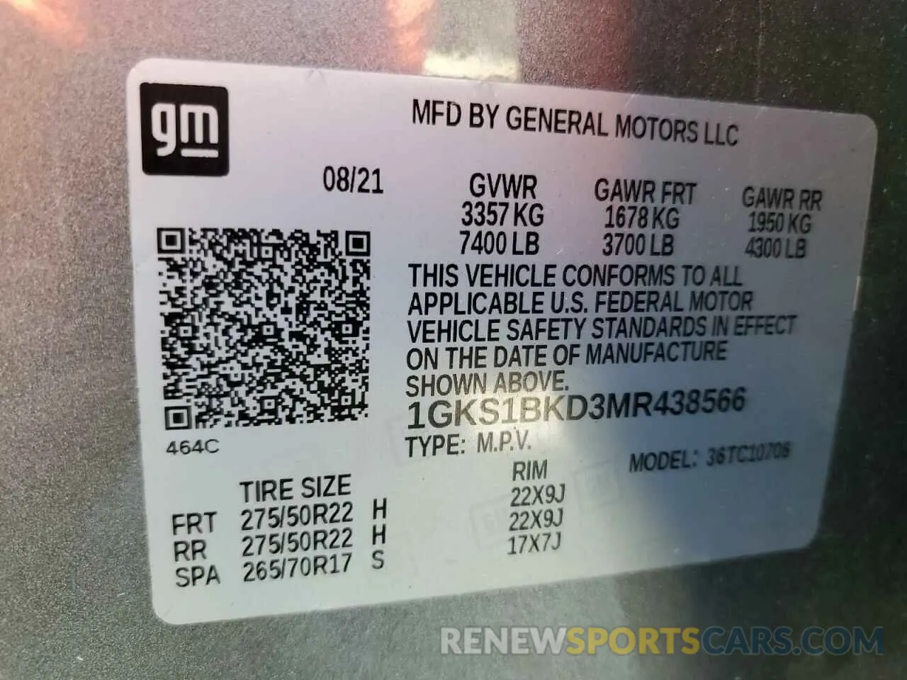 13 Photograph of a damaged car 1GKS1BKD3MR438566 GMC YUKON 2021