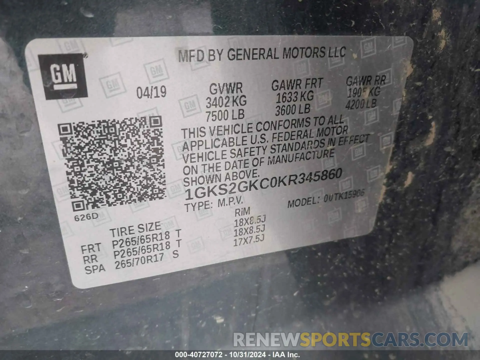 9 Photograph of a damaged car 1GKS2GKC0KR345860 GMC YUKON XL 2019