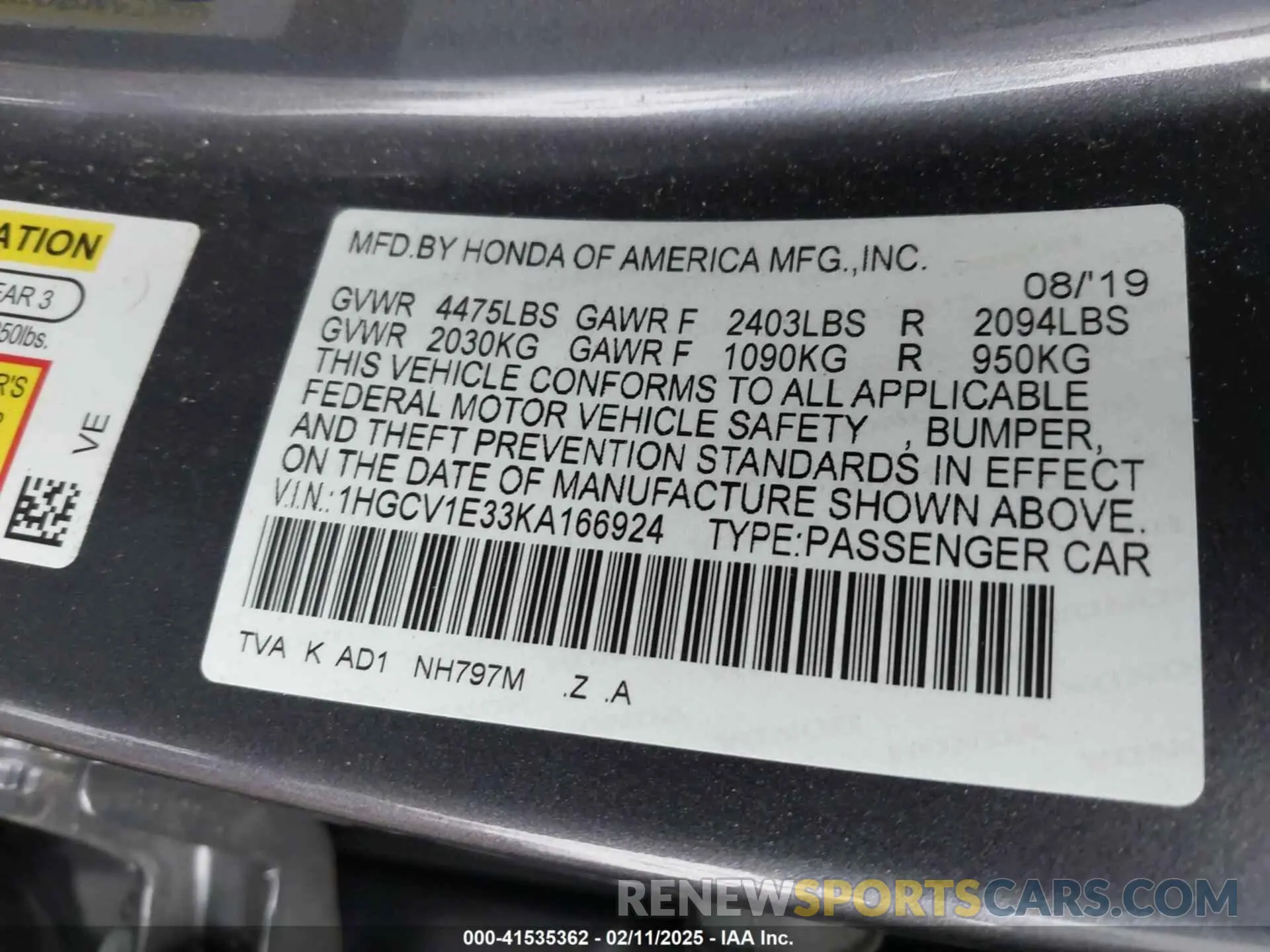 9 Photograph of a damaged car 1HGCV1E33KA166924 HONDA ACCORD 2019