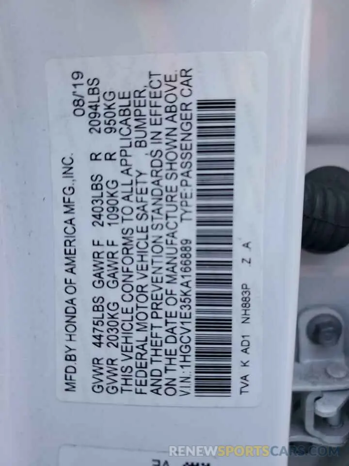 12 Photograph of a damaged car 1HGCV1E35KA166889 HONDA ACCORD 2019