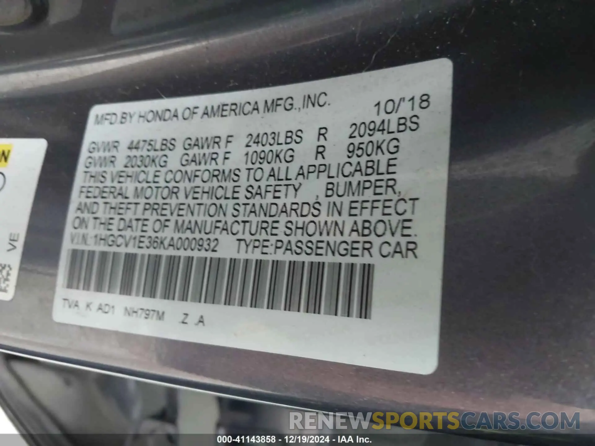 9 Photograph of a damaged car 1HGCV1E36KA000932 HONDA ACCORD 2019