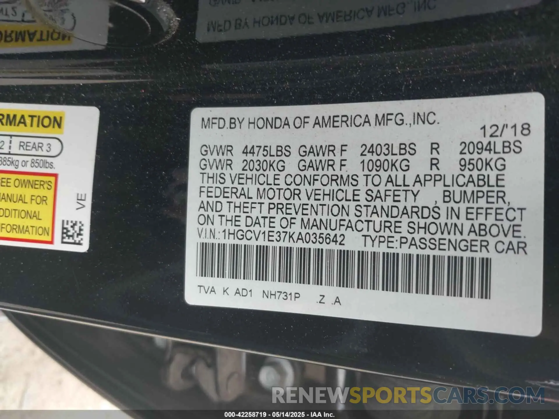 9 Photograph of a damaged car 1HGCV1E37KA035642 HONDA ACCORD 2019