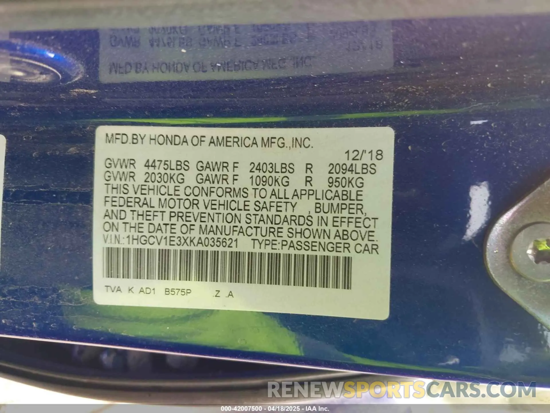 9 Photograph of a damaged car 1HGCV1E3XKA035621 HONDA ACCORD 2019