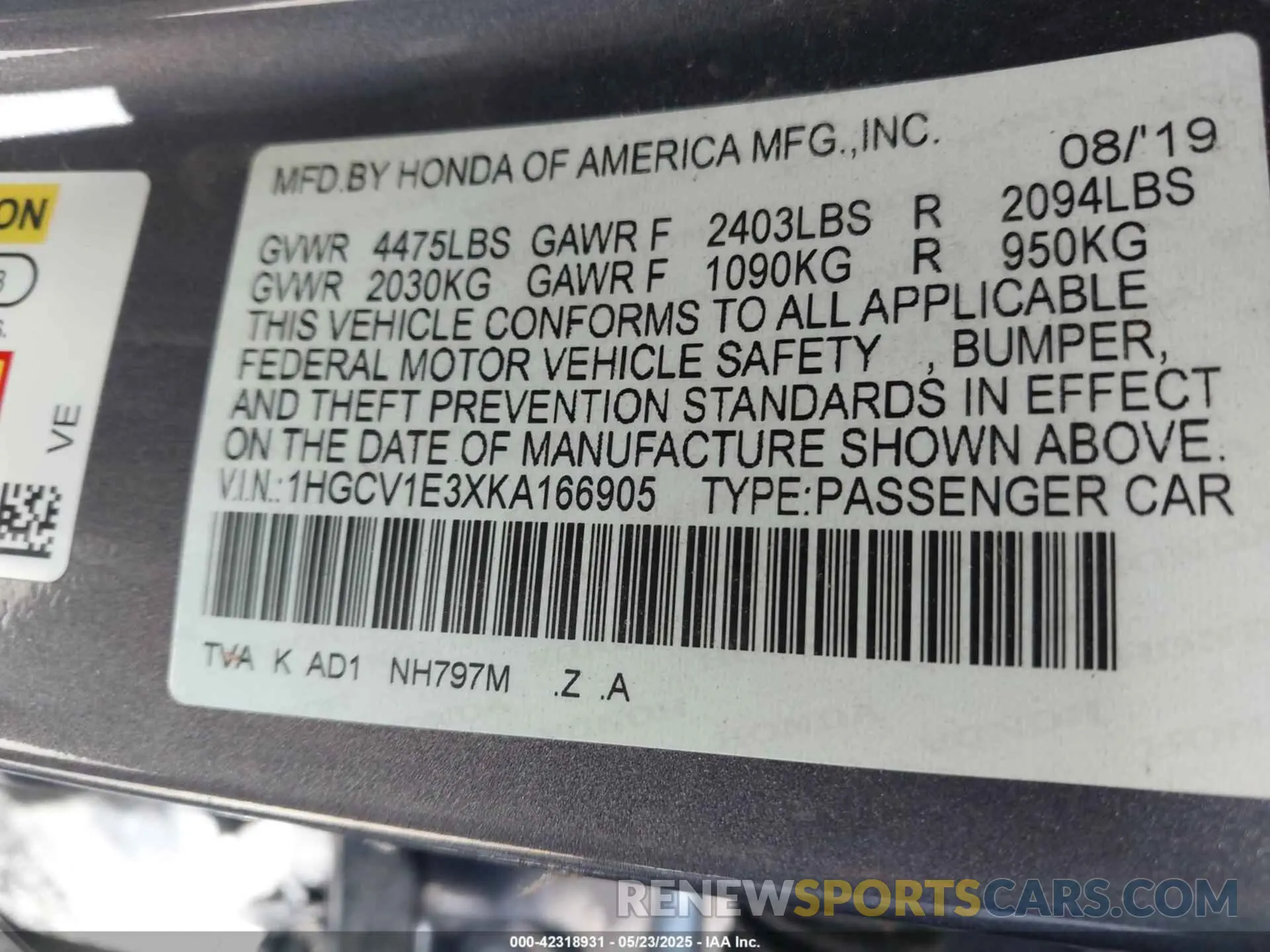 9 Photograph of a damaged car 1HGCV1E3XKA166905 HONDA ACCORD 2019