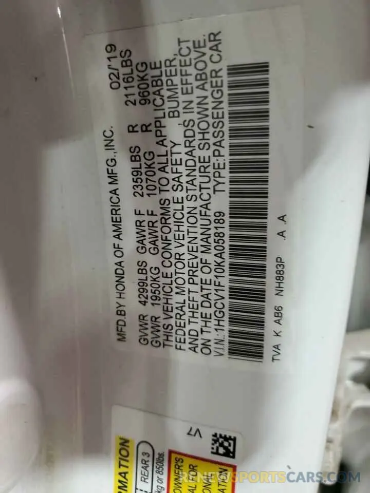 12 Photograph of a damaged car 1HGCV1F10KA058189 HONDA ACCORD 2019