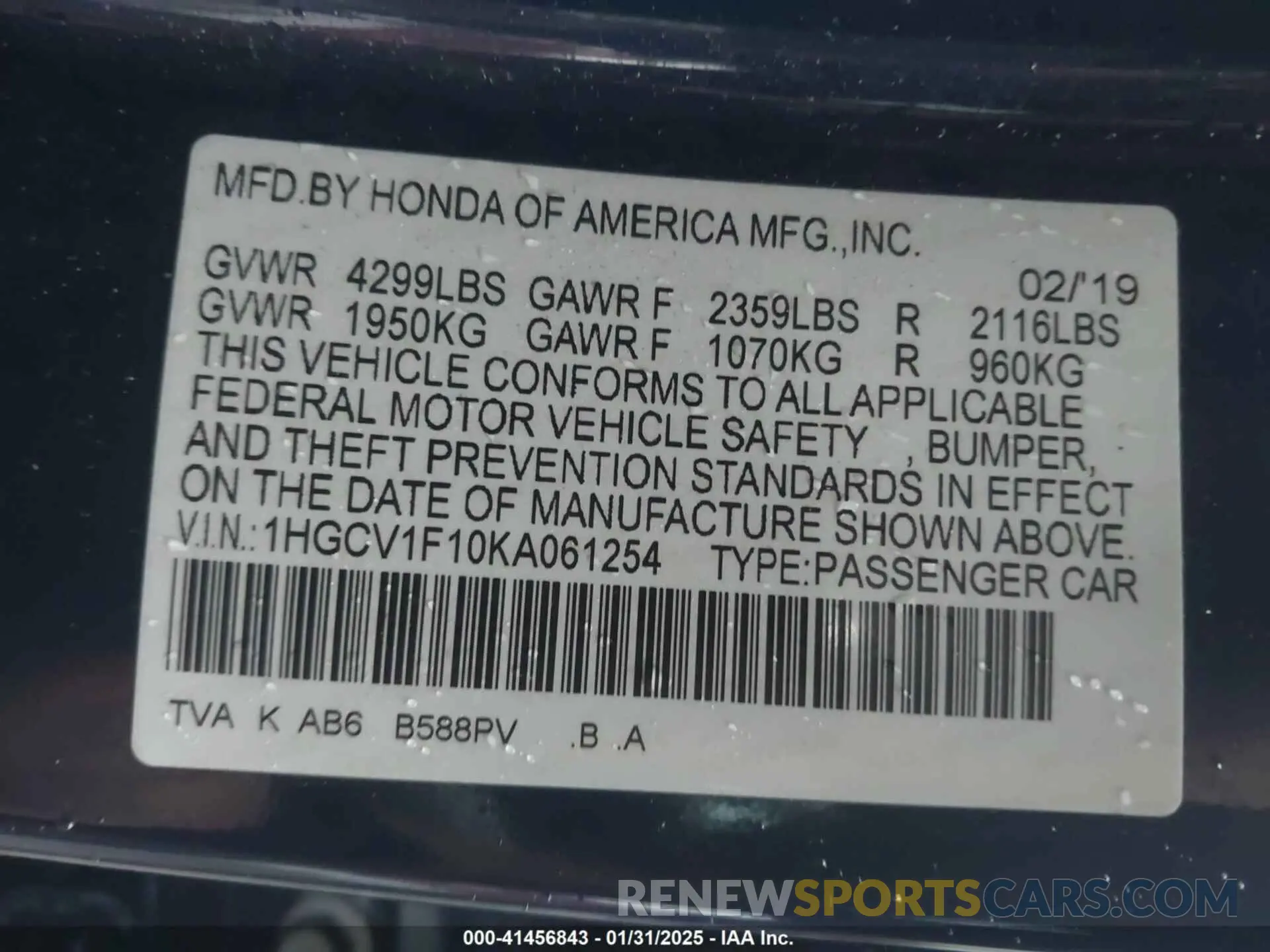 9 Photograph of a damaged car 1HGCV1F10KA061254 HONDA ACCORD 2019