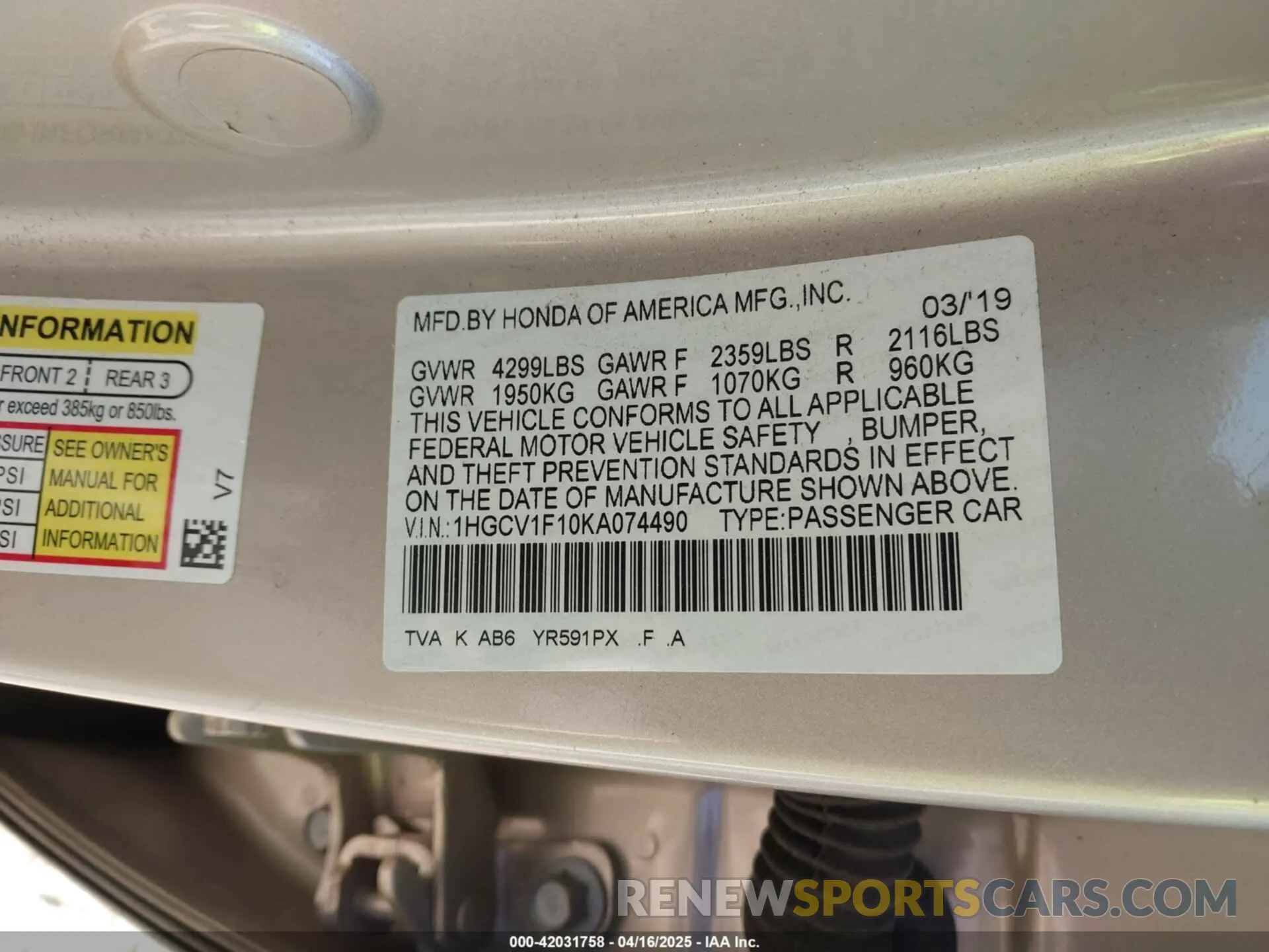 9 Photograph of a damaged car 1HGCV1F10KA074490 HONDA ACCORD 2019
