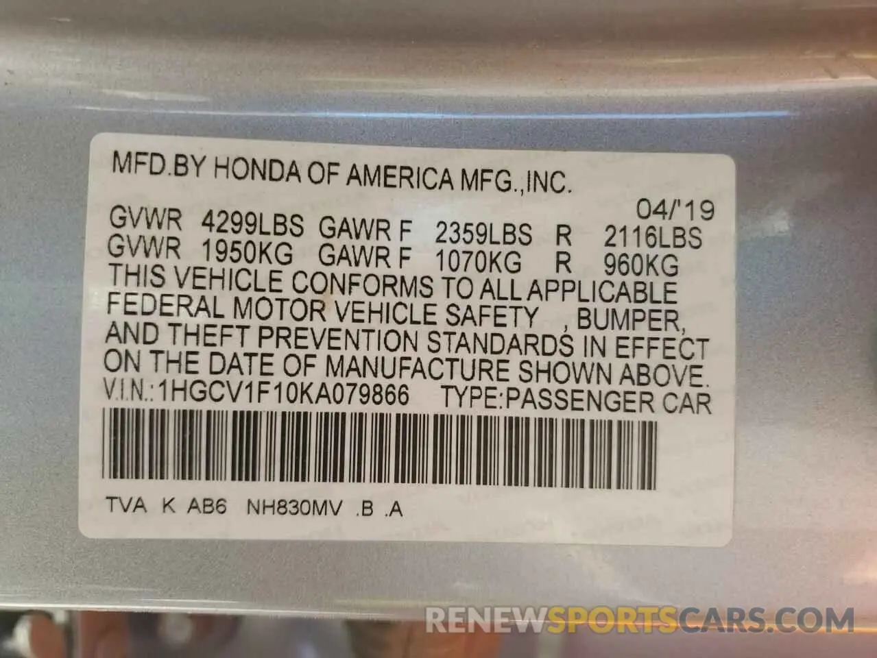 14 Photograph of a damaged car 1HGCV1F10KA079866 HONDA ACCORD 2019