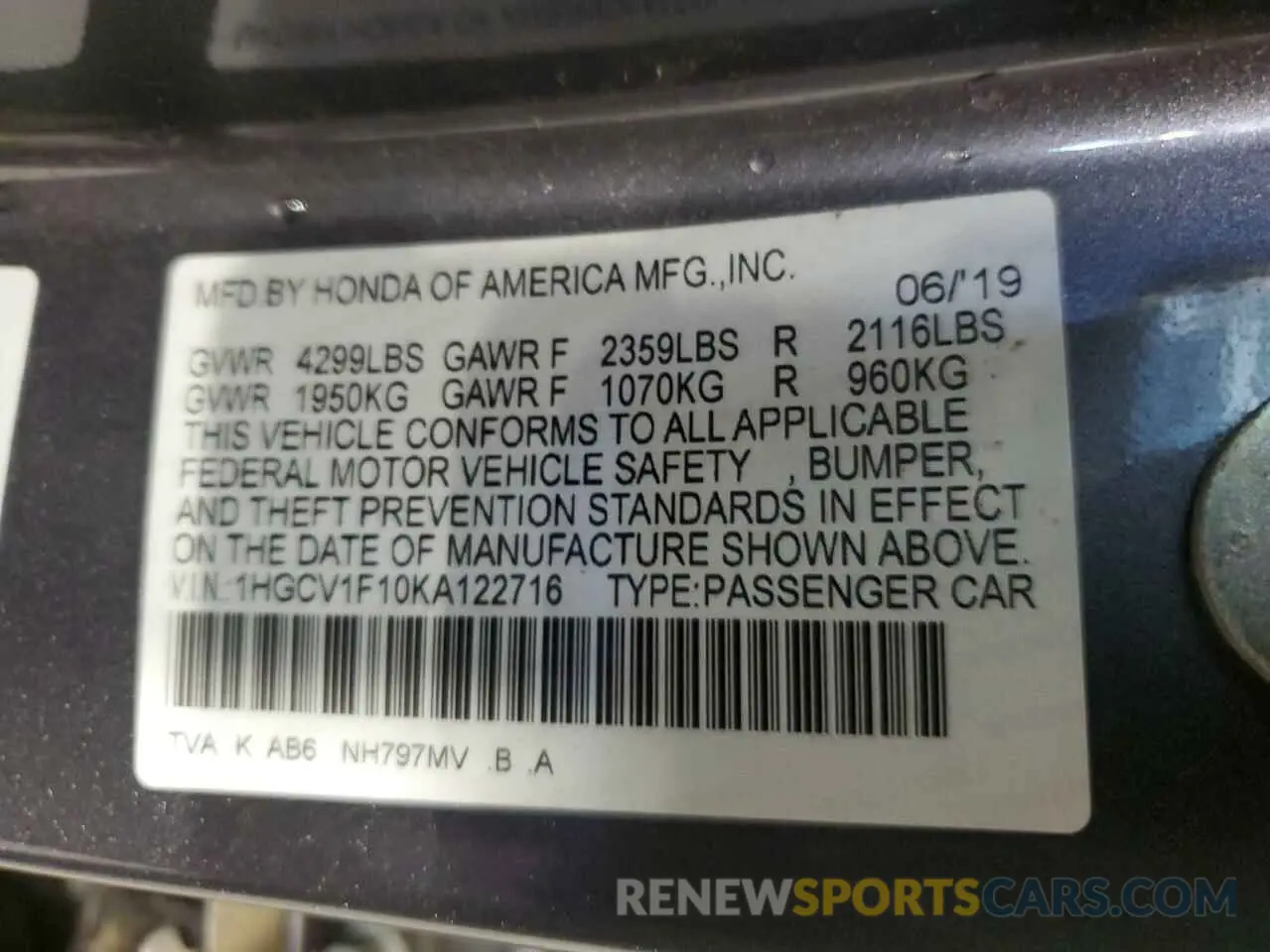 13 Photograph of a damaged car 1HGCV1F10KA122716 HONDA ACCORD 2019