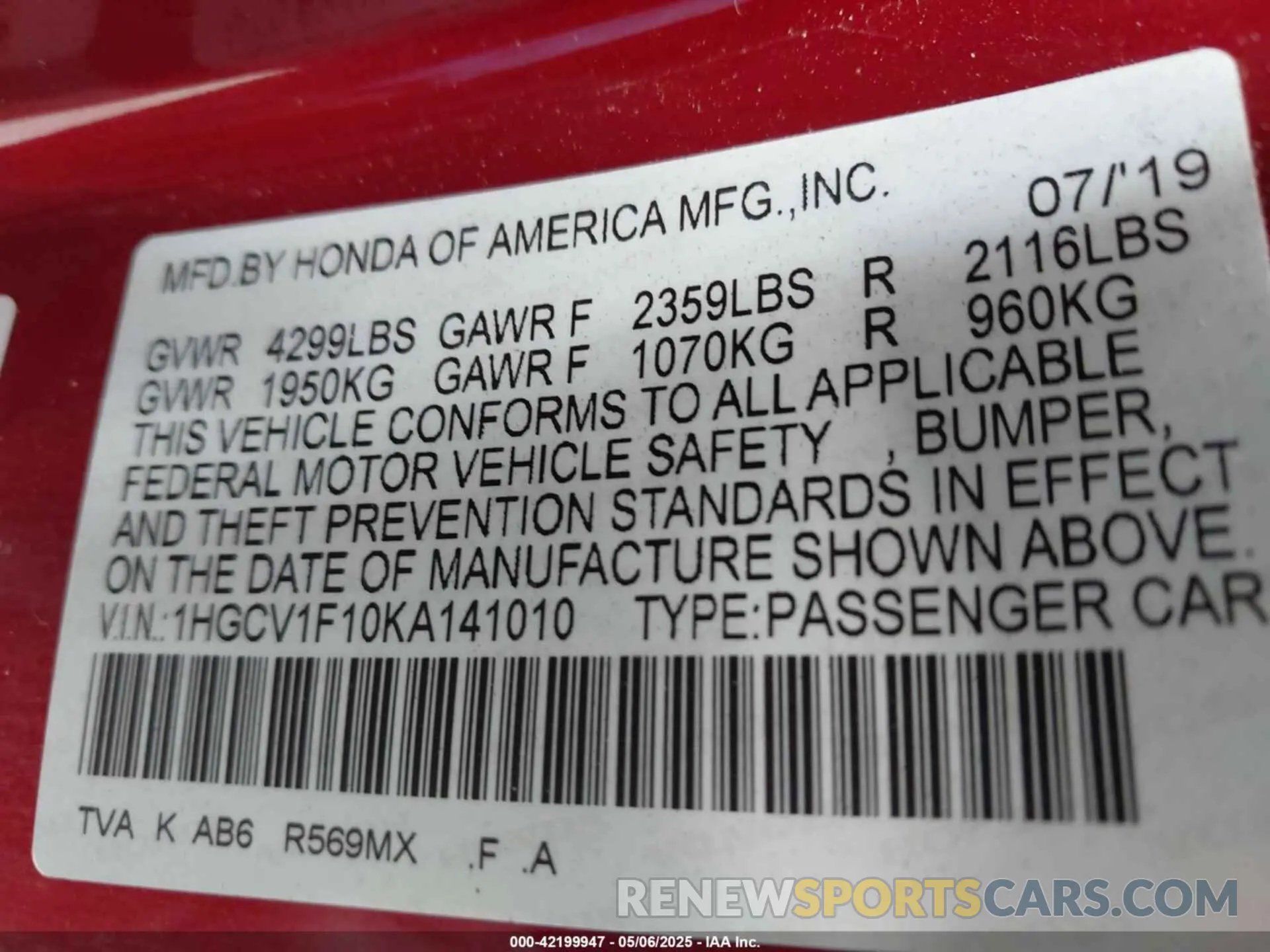 9 Photograph of a damaged car 1HGCV1F10KA141010 HONDA ACCORD 2019