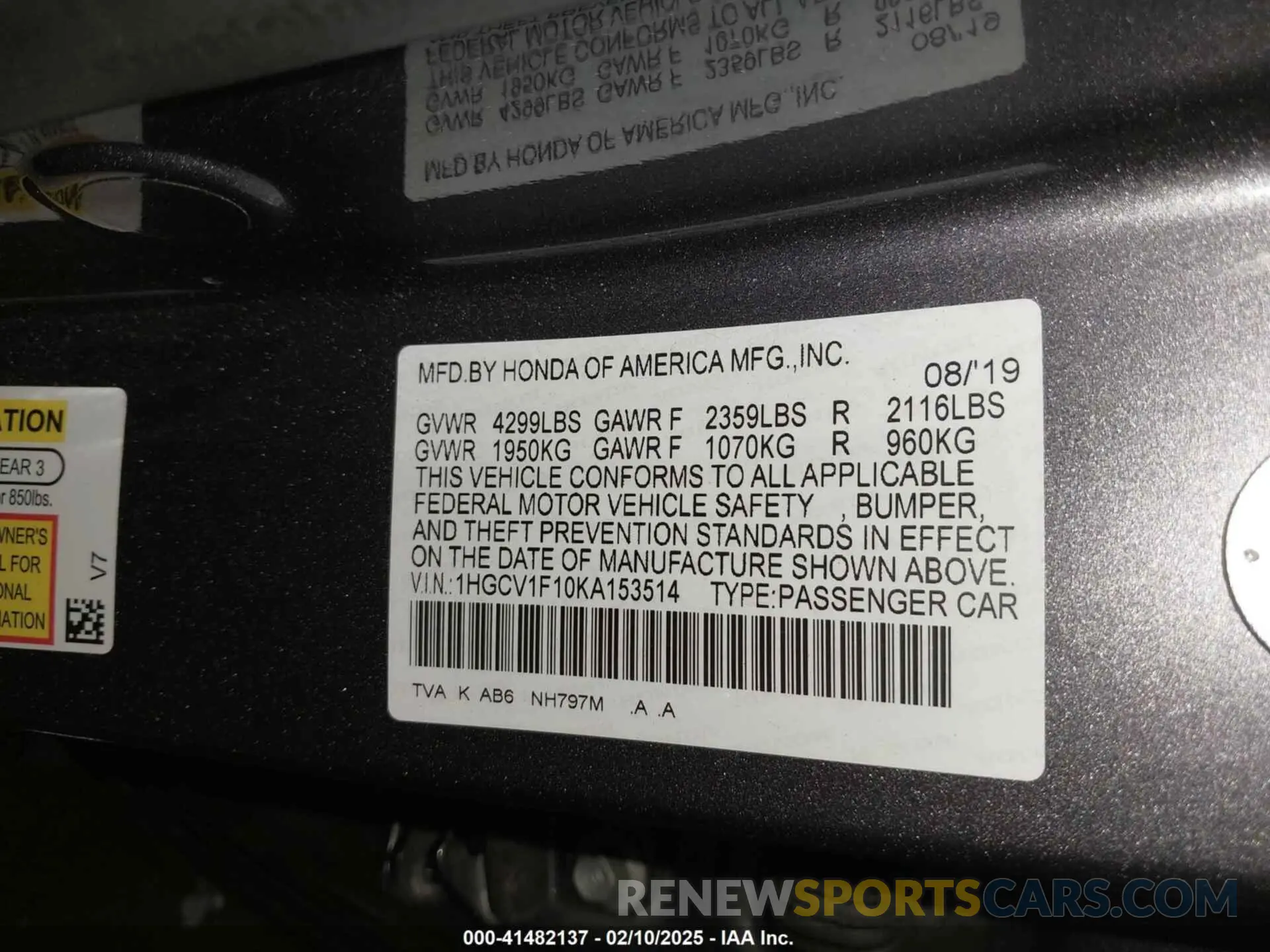 9 Photograph of a damaged car 1HGCV1F10KA153514 HONDA ACCORD 2019