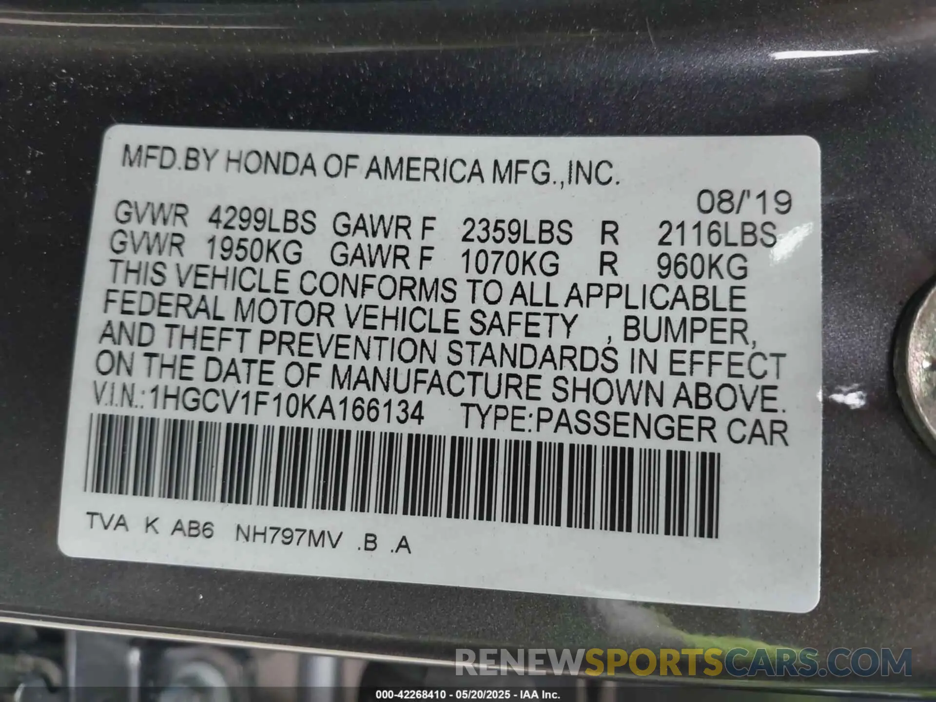 9 Photograph of a damaged car 1HGCV1F10KA166134 HONDA ACCORD 2019
