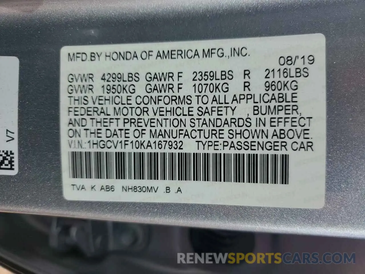 12 Photograph of a damaged car 1HGCV1F10KA167932 HONDA ACCORD 2019