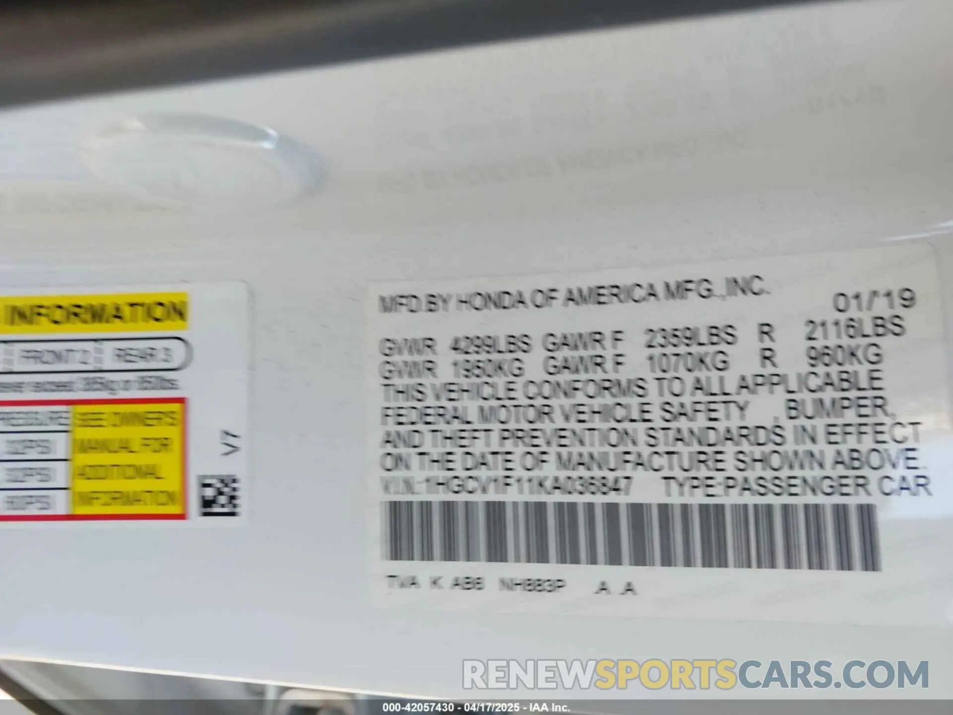 9 Photograph of a damaged car 1HGCV1F11KA036847 HONDA ACCORD 2019