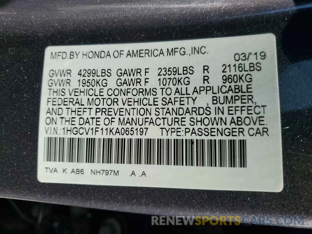 12 Photograph of a damaged car 1HGCV1F11KA065197 HONDA ACCORD 2019