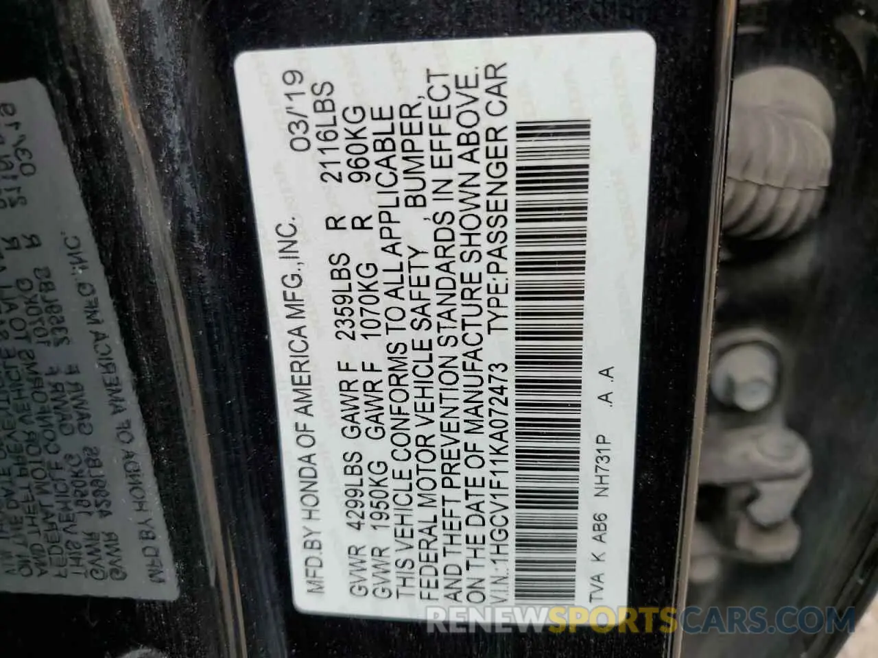 15 Photograph of a damaged car 1HGCV1F11KA072473 HONDA ACCORD 2019