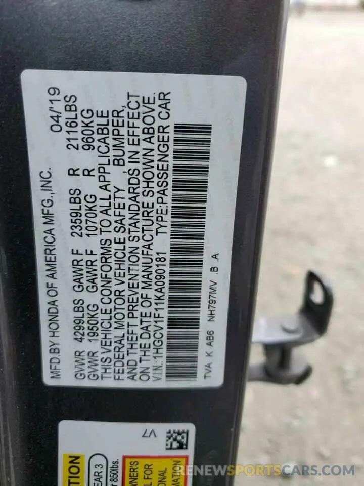 13 Photograph of a damaged car 1HGCV1F11KA090181 HONDA ACCORD 2019