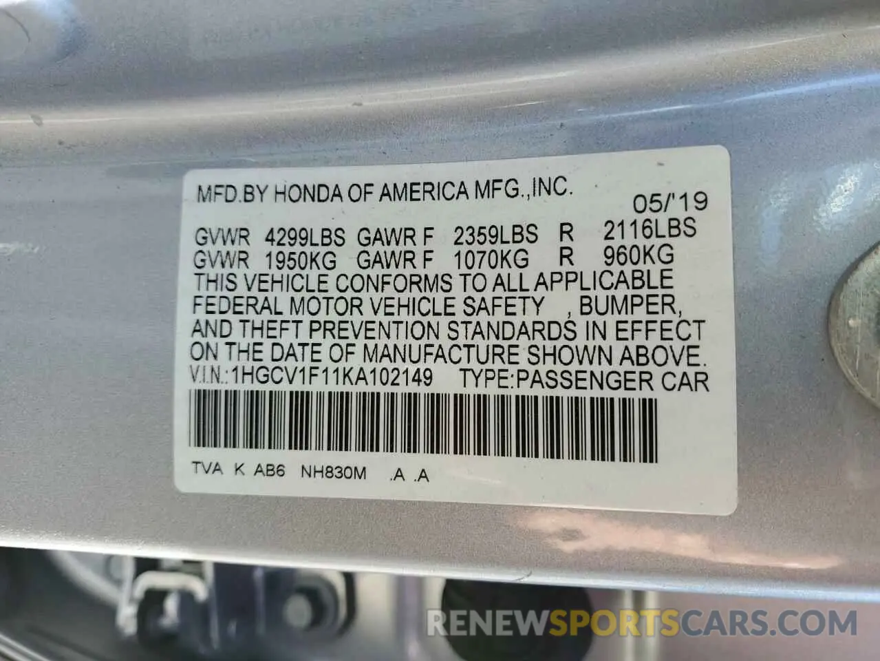 12 Photograph of a damaged car 1HGCV1F11KA102149 HONDA ACCORD 2019