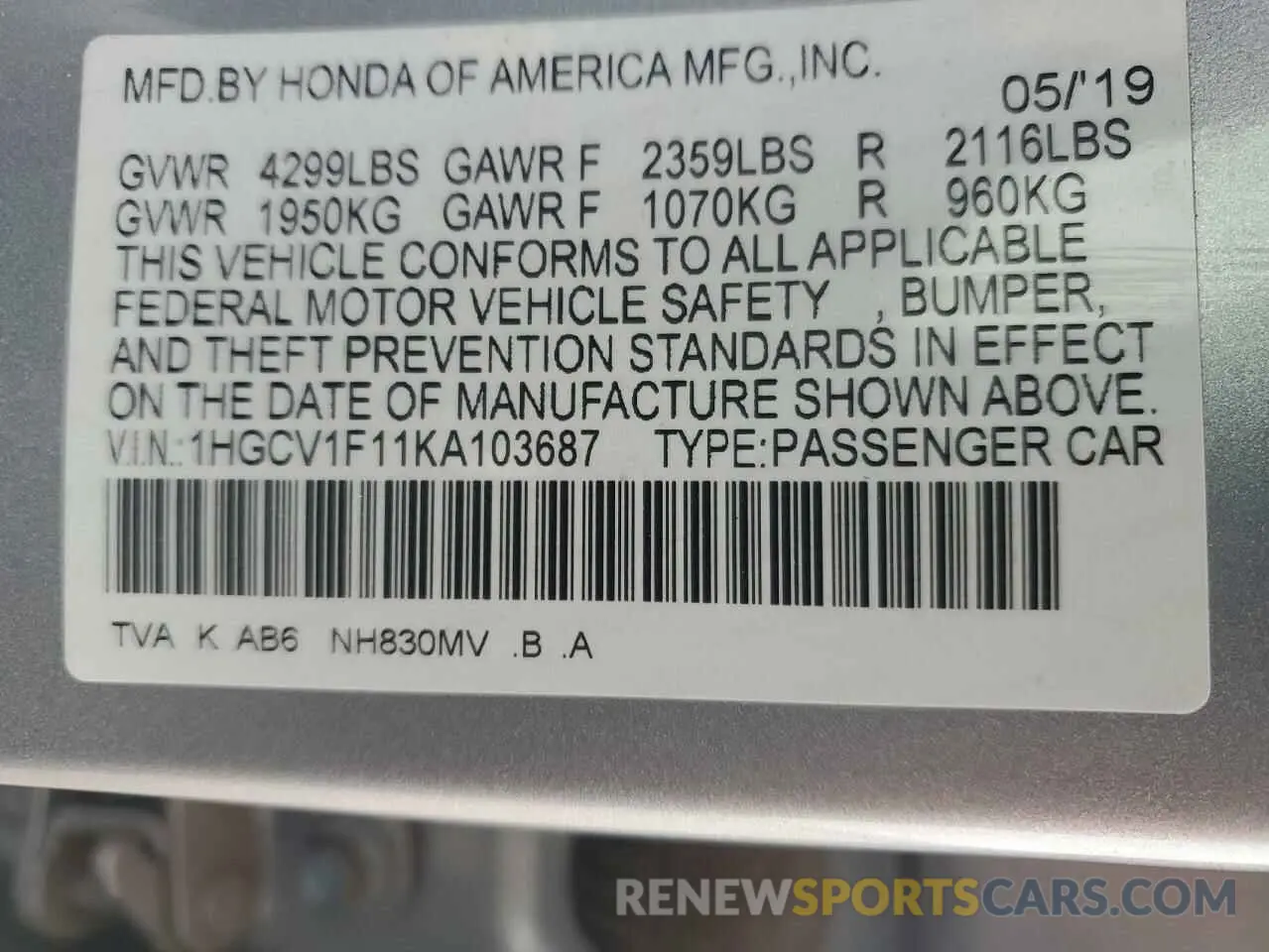 12 Photograph of a damaged car 1HGCV1F11KA103687 HONDA ACCORD 2019