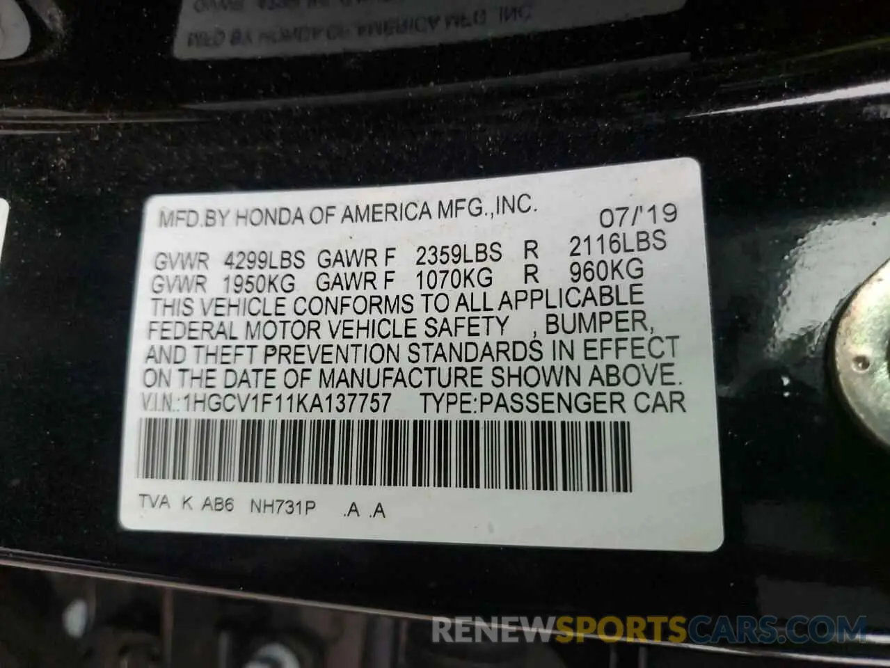 12 Photograph of a damaged car 1HGCV1F11KA137757 HONDA ACCORD 2019