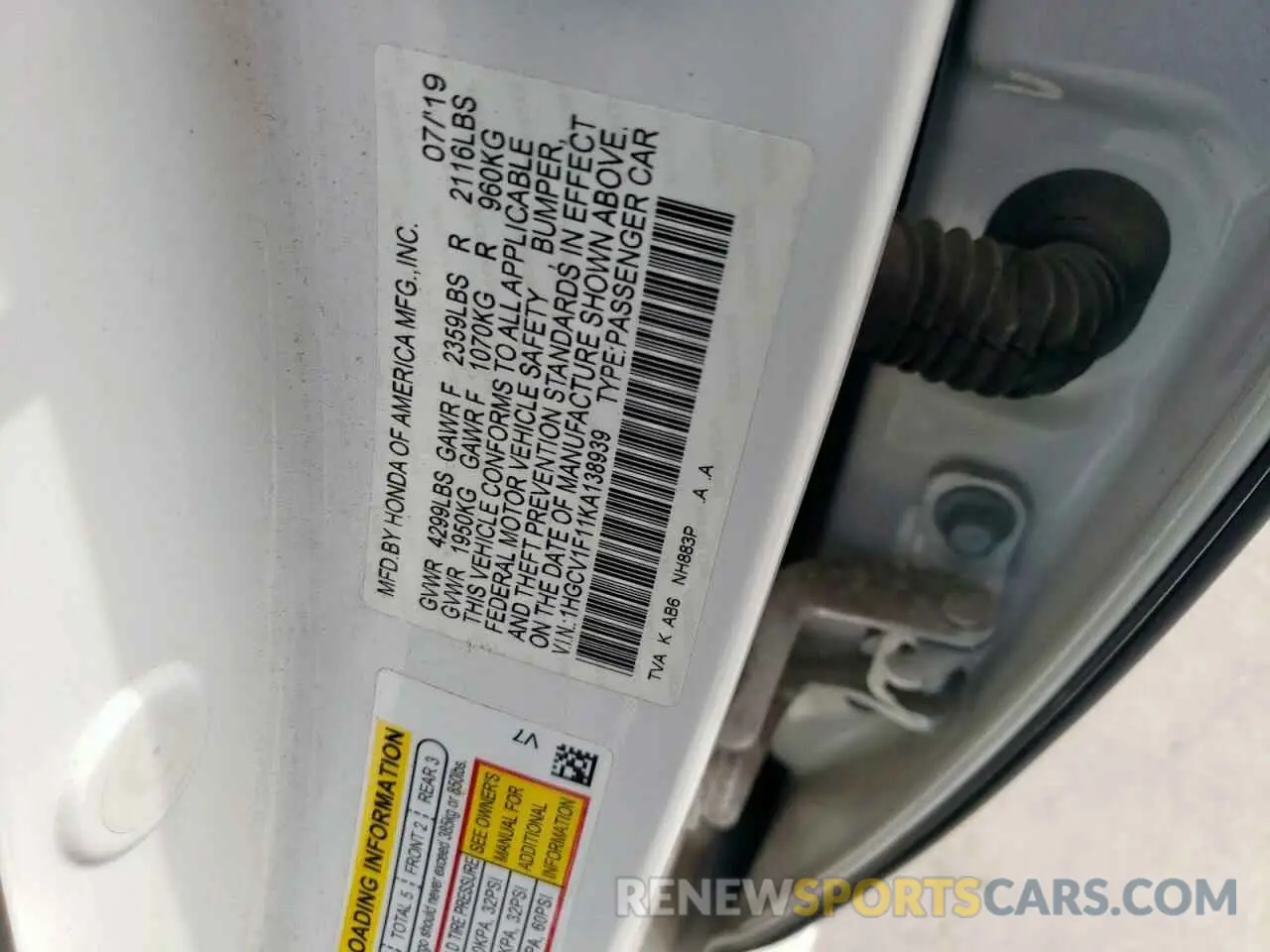 14 Photograph of a damaged car 1HGCV1F11KA138939 HONDA ACCORD 2019
