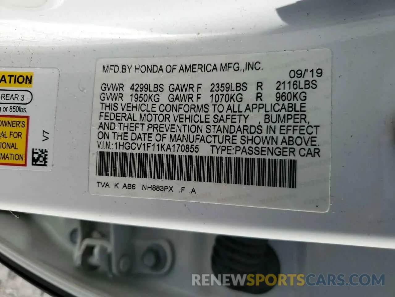 12 Photograph of a damaged car 1HGCV1F11KA170855 HONDA ACCORD 2019