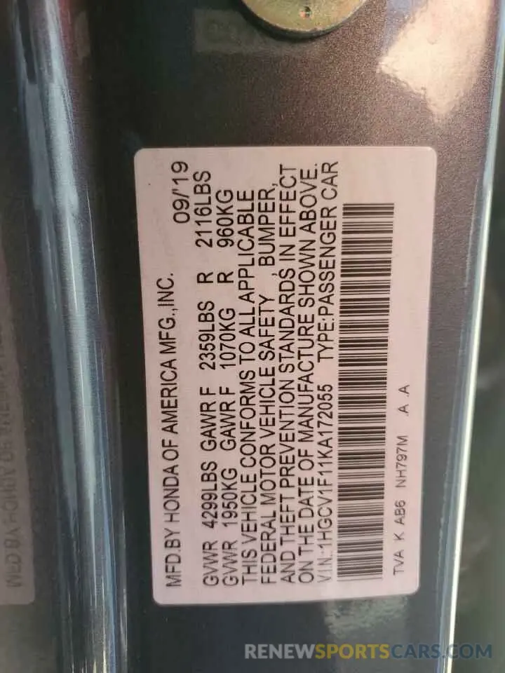 13 Photograph of a damaged car 1HGCV1F11KA172055 HONDA ACCORD 2019