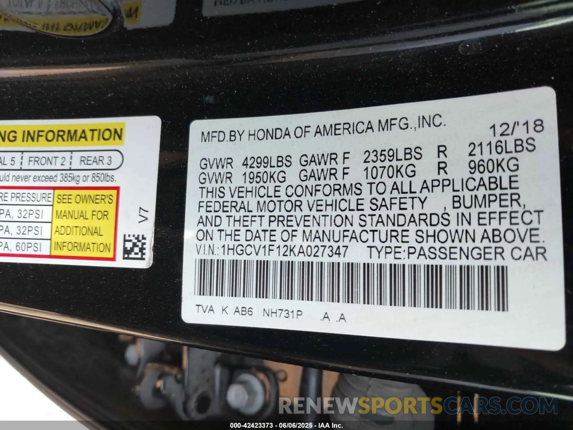 9 Photograph of a damaged car 1HGCV1F12KA027347 HONDA ACCORD 2019